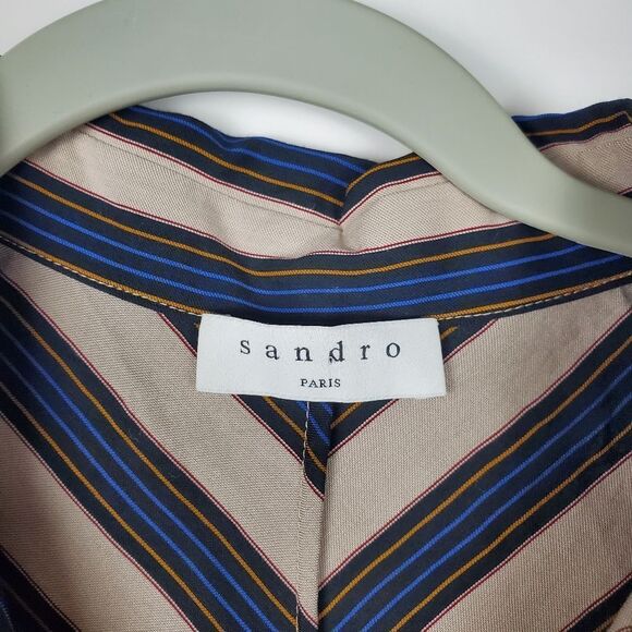 SANDRO Paris VILNA DRESS Striped Beige Collared Long Sleeve Midi Maxi Tie Knot - Picture 9 of 13